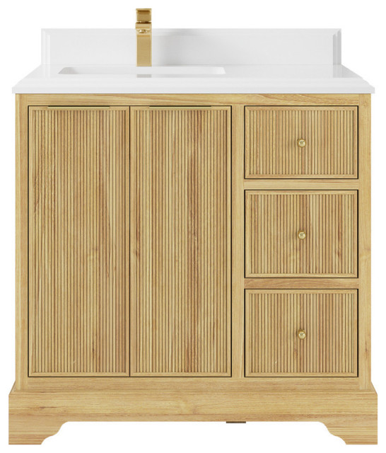 Austin 36 Left Offset Bath Vanity in Light Natural Teak 1.5" White