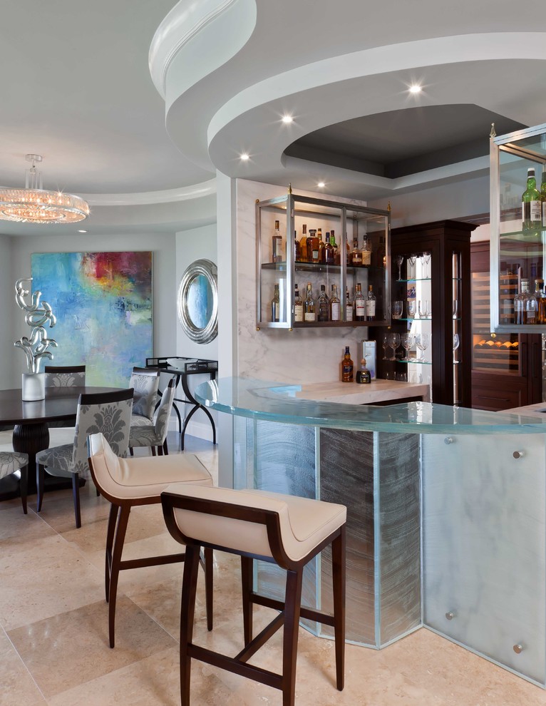 Design ideas for a mid-sized contemporary u-shaped seated home bar in Tampa with glass benchtops, beige floor and turquoise benchtop.