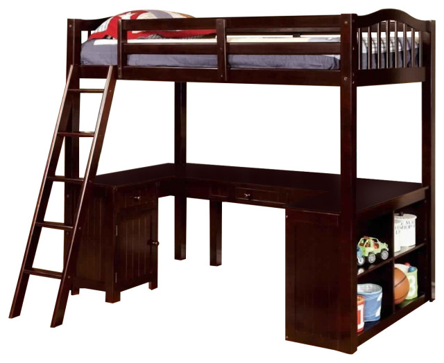 Transitional Style Twin Loft Bed with Workstation and Ladder, Dark