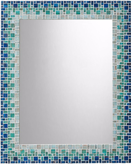 Handmade Coastal Mosaic Wall Mirror, Ocean Blue and Teal Beach Style