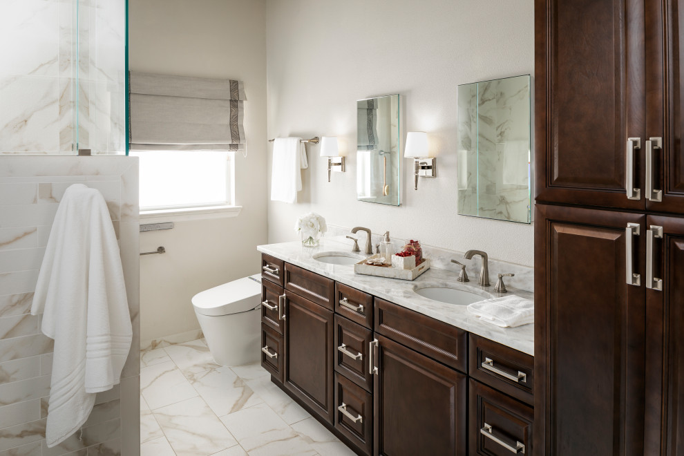 Design ideas for a large transitional master bathroom in Orlando with recessed-panel cabinets, medium wood cabinets, a one-piece toilet, beige walls, an undermount sink, beige floor and grey benchtops.
