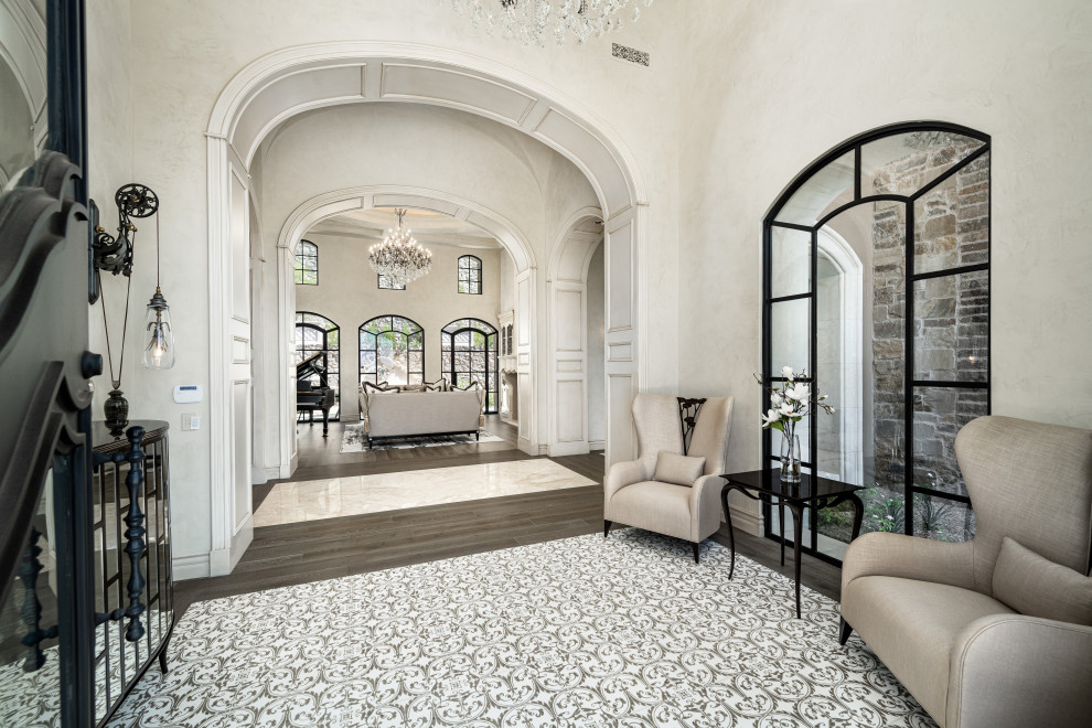 Porcelain tile double front door photo in Phoenix with white walls and a metal front door