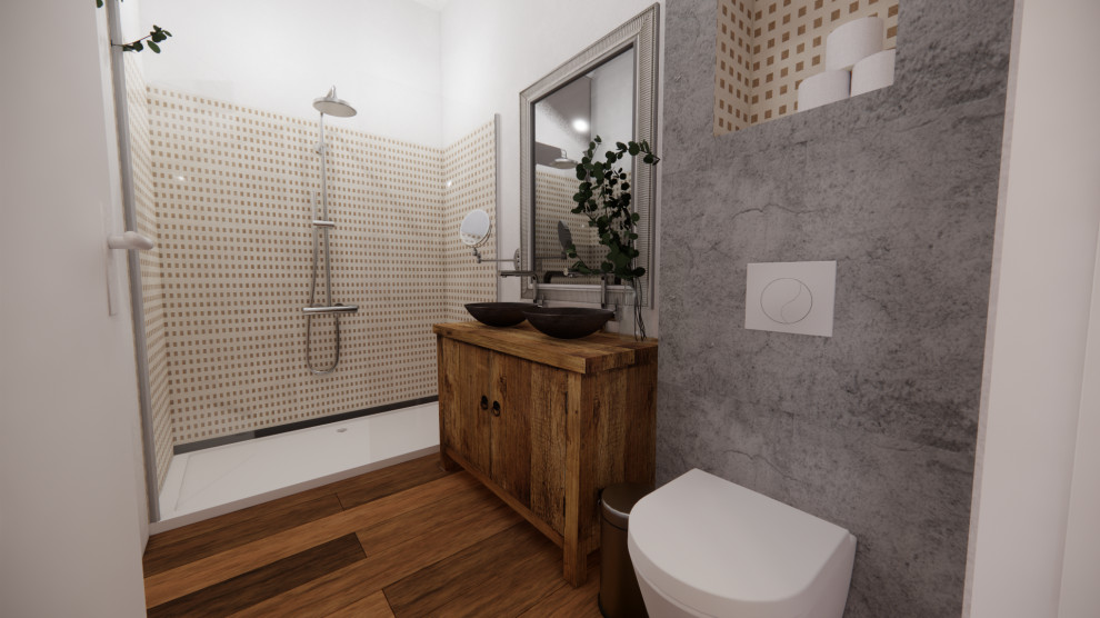 Idée de décoration pour une petite salle de bain principale et blanche et bois bohème en bois clair avec une douche à l'italienne, WC suspendus, un carrelage gris, des carreaux de céramique, un mur blanc, un sol en bois brun, un plan de toilette en bois, un sol marron, un plan de toilette marron, une fenêtre et meuble simple vasque.