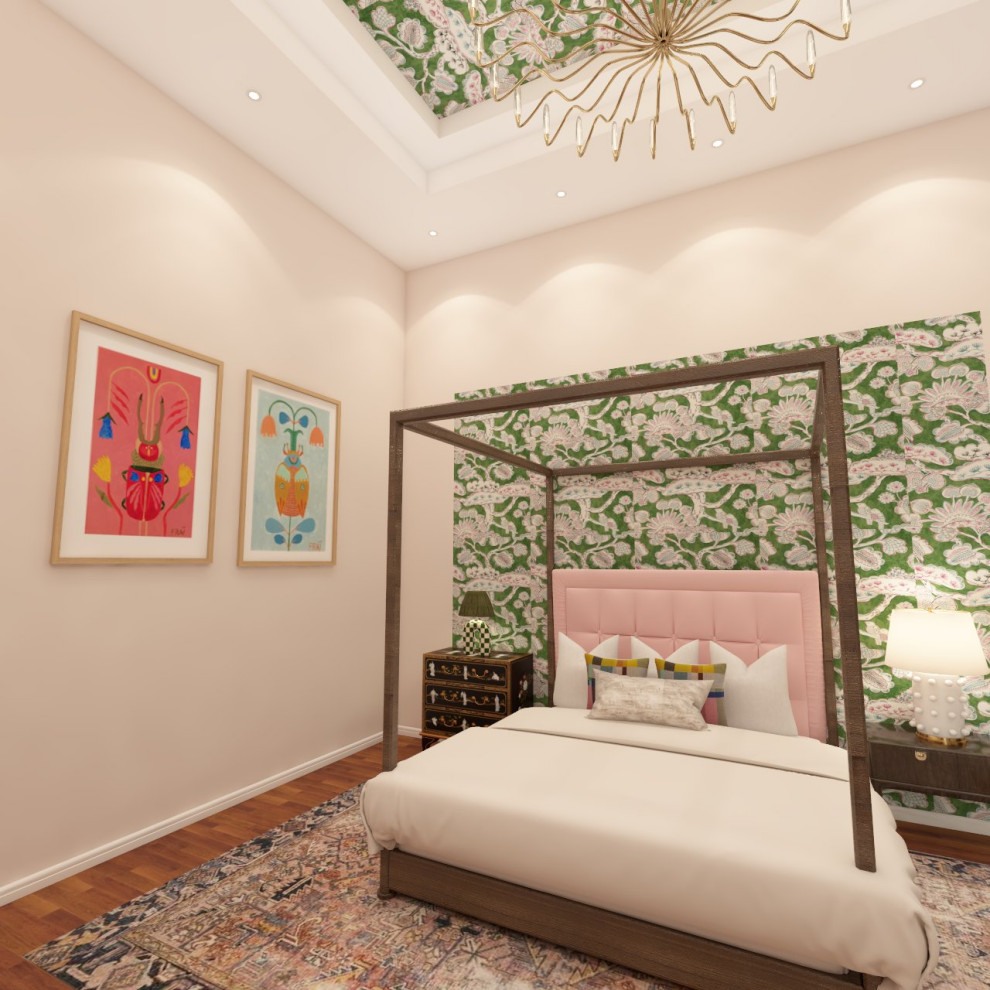 Aménagement d'une grande chambre parentale éclectique avec un mur vert, parquet foncé, un sol marron, un plafond voûté et du lambris.