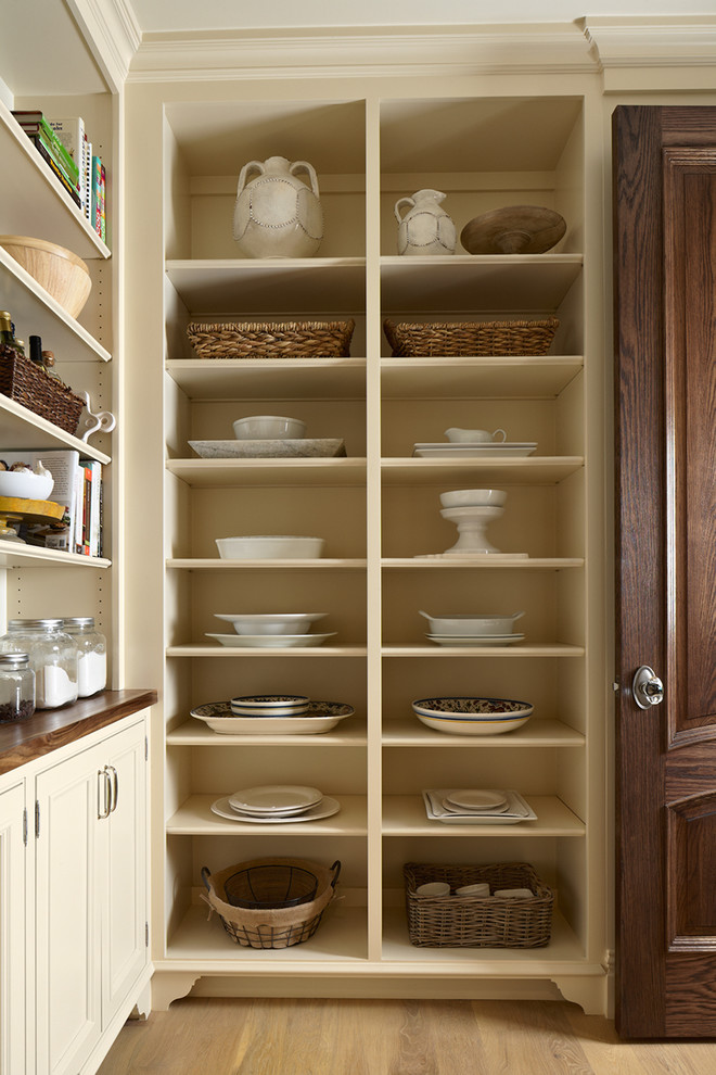 Design ideas for a traditional kitchen pantry in Minneapolis with beige cabinets.