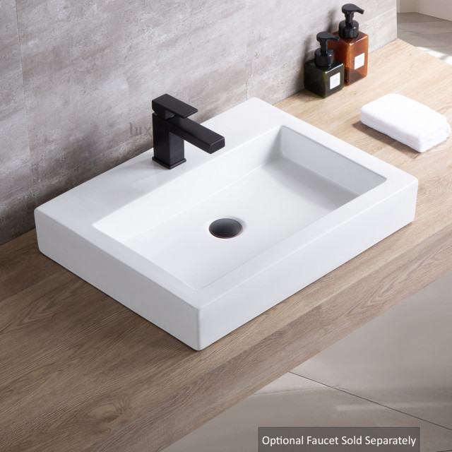 Flat Rectangular Ceramic Bathroom Vessel Sink, 24" Modern Bathroom