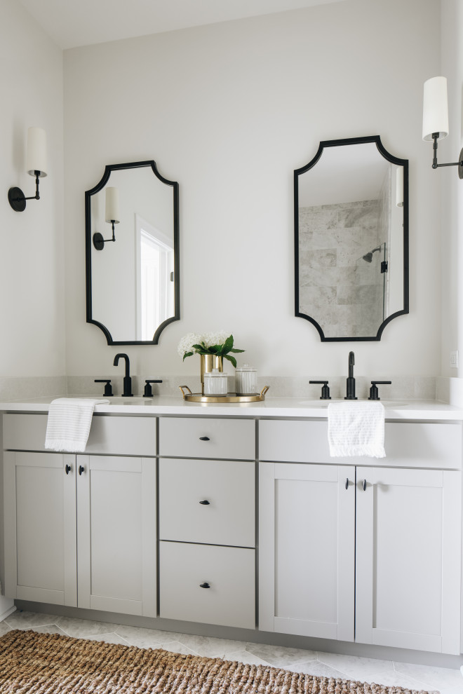 Transitional bathroom in Chicago with shaker cabinets, grey cabinets, white walls, an undermount sink, white floor, white benchtops, a double vanity and a built-in vanity.