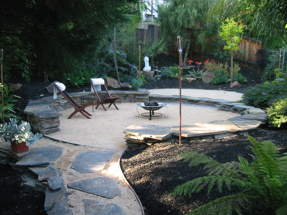 Design ideas for a large traditional backyard partial sun formal garden for spring in San Diego with a container garden and gravel.