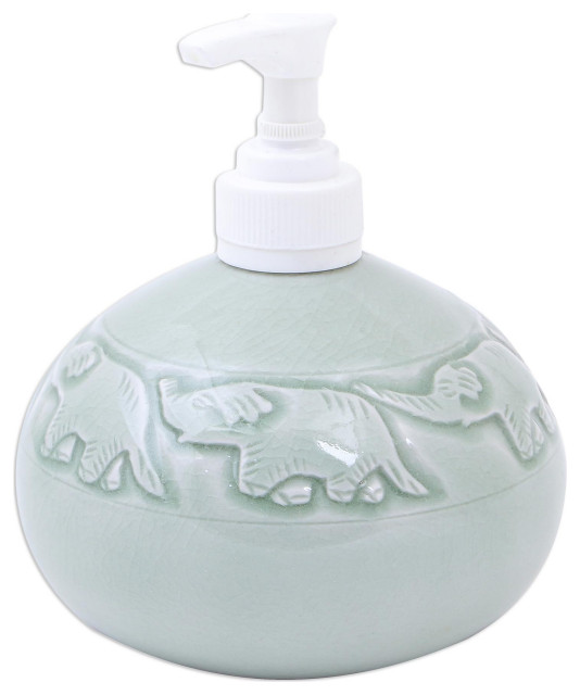 Novica Handmade Elephant Bath Celadon Ceramic Soap Dispenser Transitional Soap & Lotion