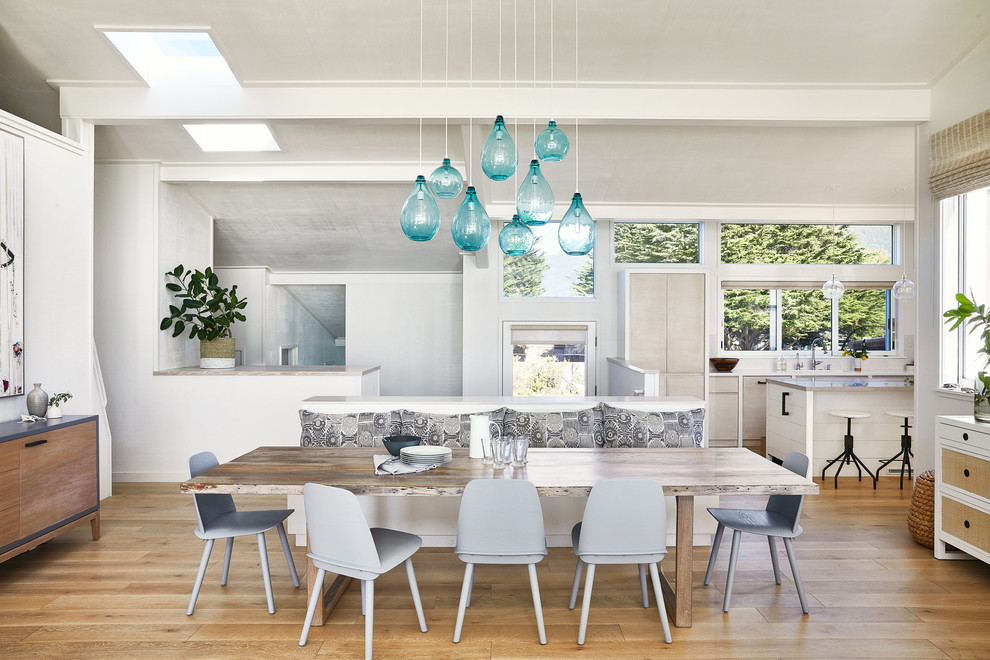 Design ideas for a beach style dining room in San Francisco with white walls, medium hardwood floors and brown floor.