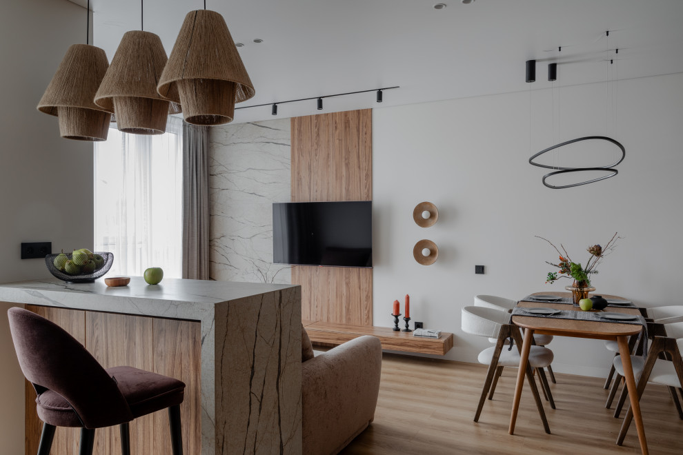 Фото. Теплый минимализм с мрамором и деревом, 62 кв.м.