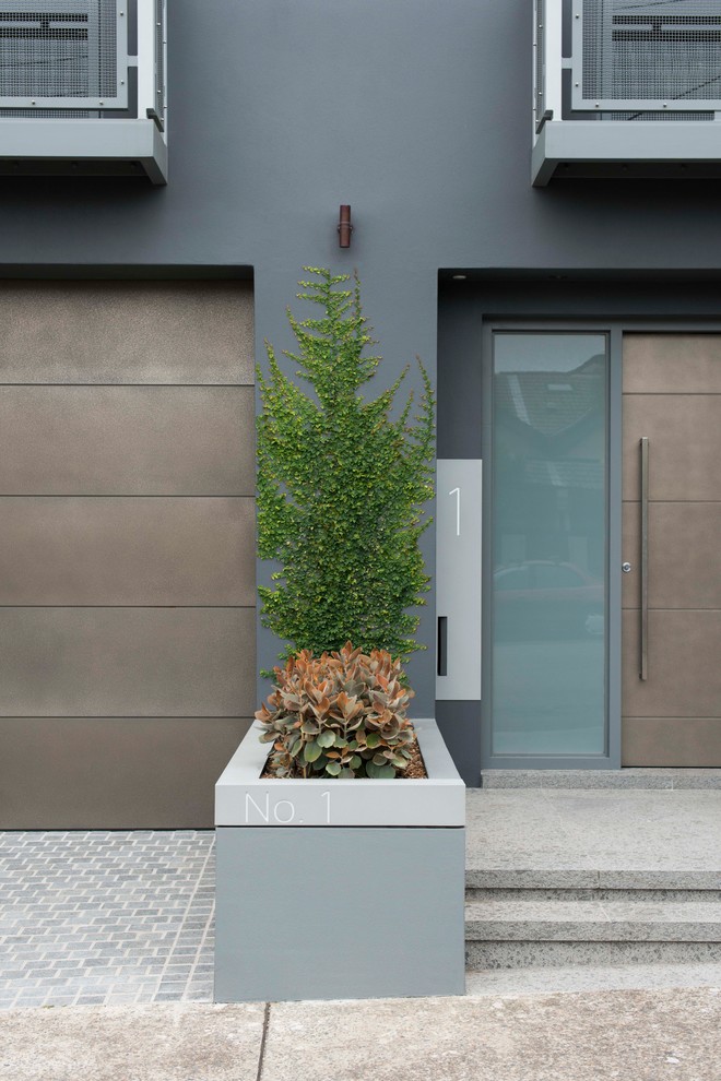 Inspiration for a small industrial front yard shaded garden in Sydney with a container garden and concrete pavers.