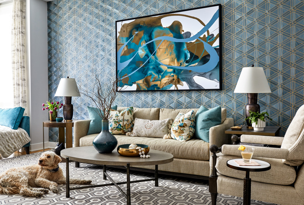 Inspiration for a contemporary formal carpeted, multicolored floor and wallpaper living room remodel in DC Metro with blue walls