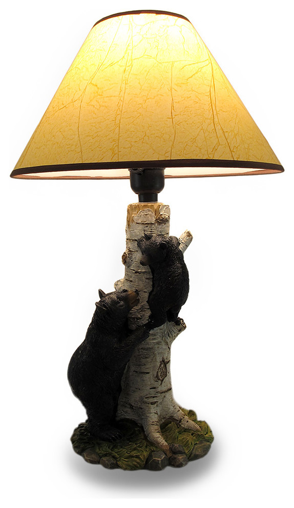 Black Bear and Cub Birch Tree Table Lamp With Shade