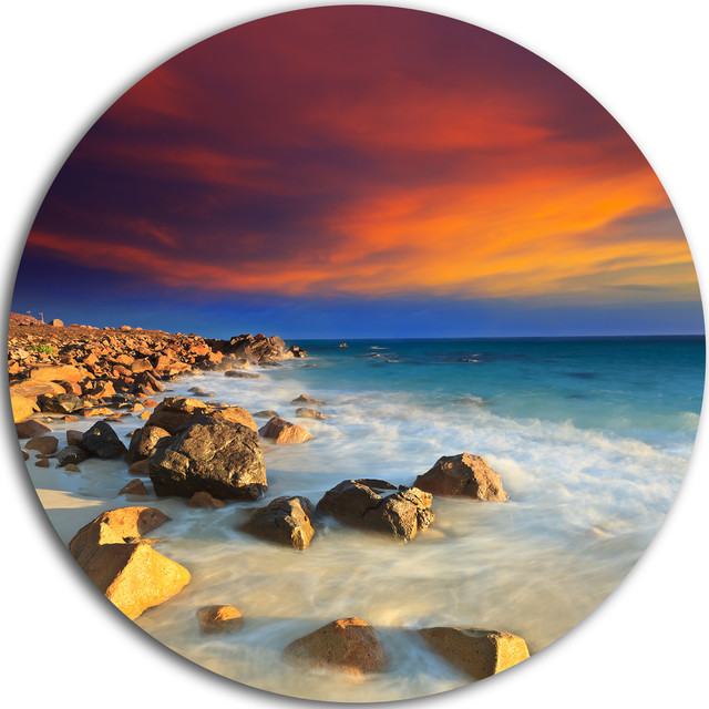 Beach With Stones On Foreground, Seascape Disc Metal Wall Art Beach