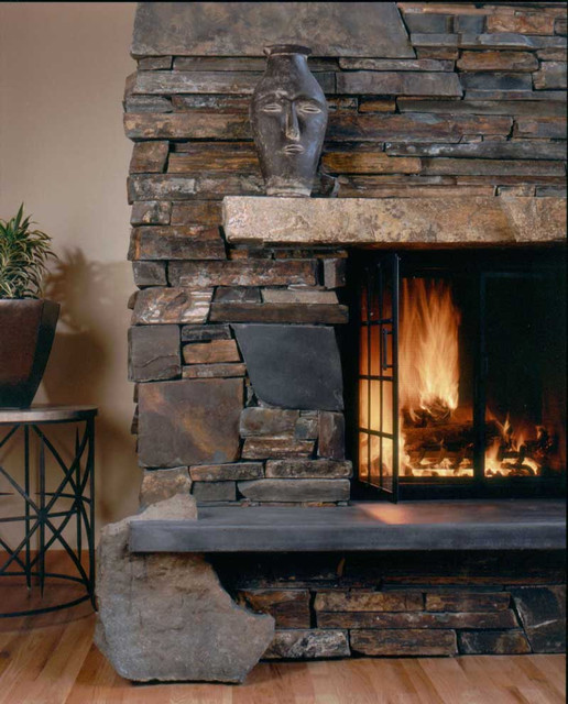 Montana Ledgestone Fireplace Detail Traditional Living Room