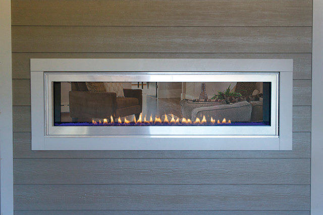 Indoor And Outdoor Linear Gas Fireplace Contemporary Exterior