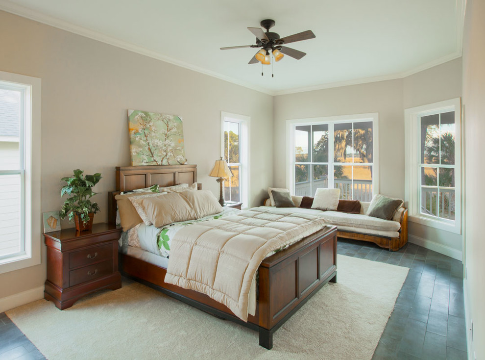 Design ideas for a mid-sized arts and crafts master bedroom in Atlanta with beige walls and dark hardwood floors.