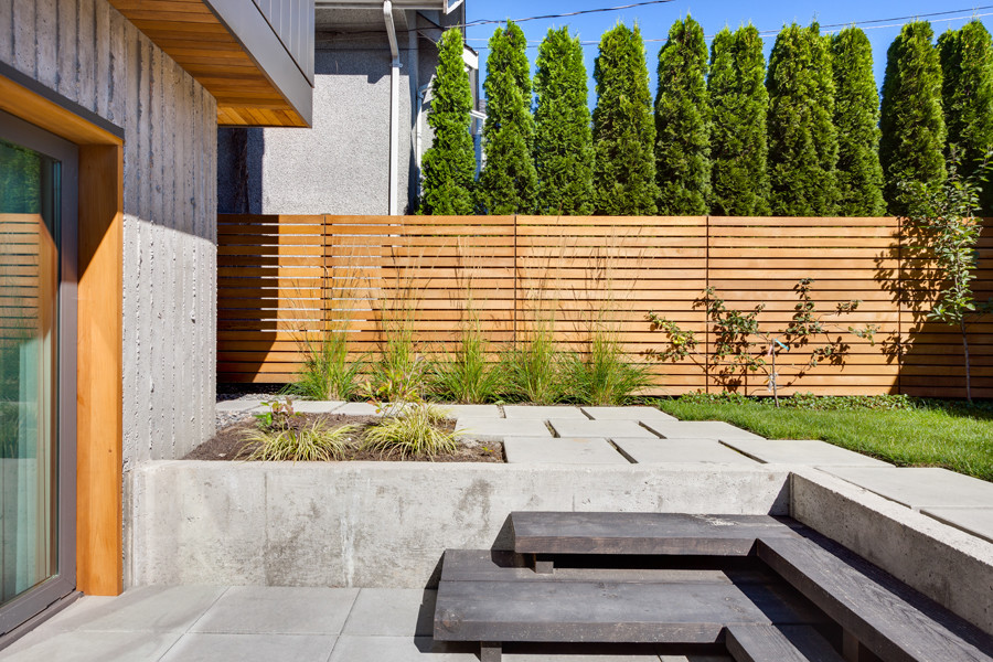Photo of a contemporary backyard patio in Vancouver with concrete pavers and no cover.