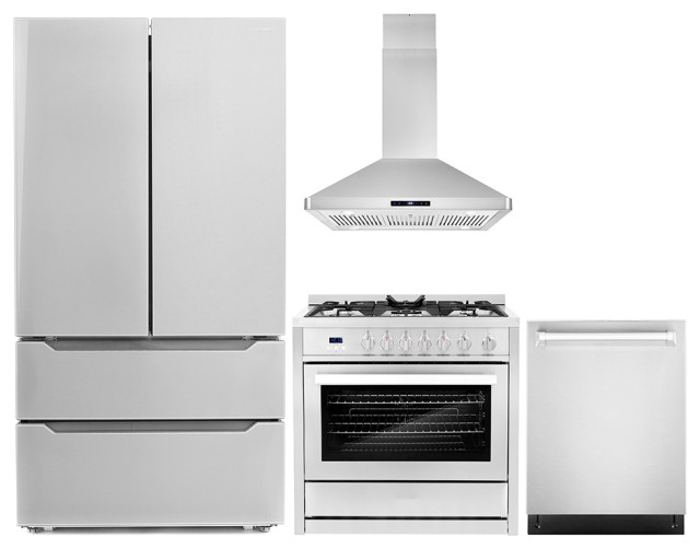 4PC Package with 36" Gas Range, 36" Island Range Hood, Dishwasher