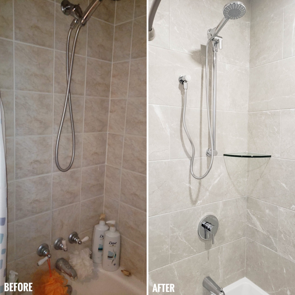 Example of a small transitional 3/4 porcelain tile, gray floor and single-sink alcove bathtub design with shaker cabinets, white cabinets, a one-piece toilet, beige walls, an undermount sink, quartzite countertops, multicolored countertops and a freestanding vanity