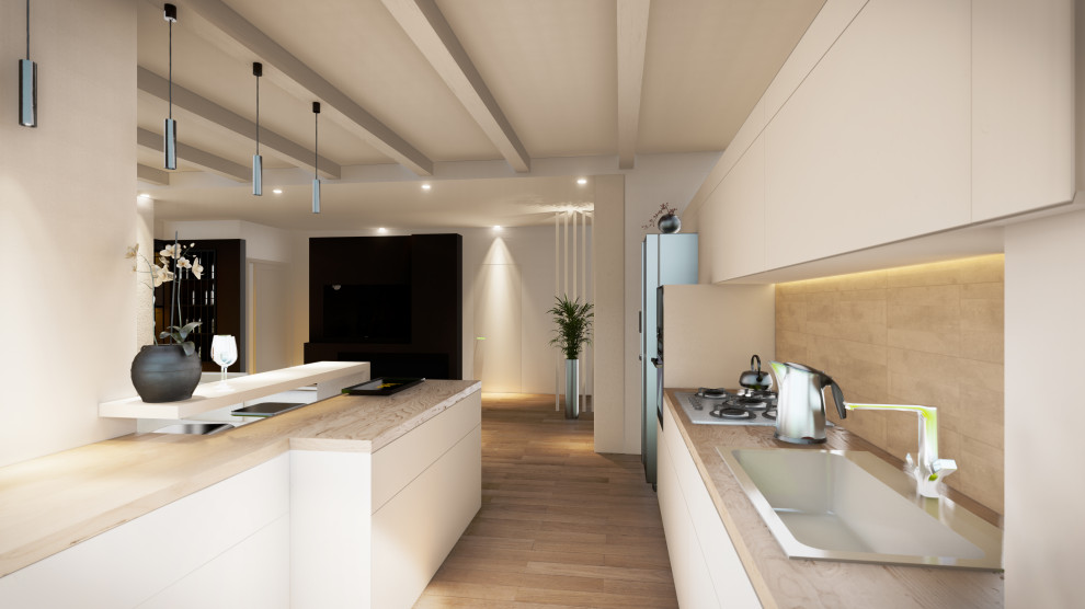 Inspiration for a medium sized contemporary galley open plan kitchen in Other with a single-bowl sink, flat-panel cabinets, white cabinets, wood worktops, beige splashback, stone tiled splashback, black appliances, porcelain flooring, a breakfast bar, brown worktops, exposed beams and beige floors.