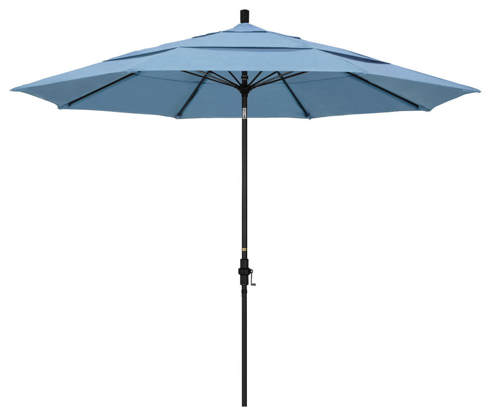 11' Matted Black Collar Tilt Lift Fiberglass Rib Aluminum Umbrella, Sunbrella, Air Blue