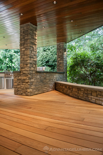 Wood Deck and Ceiling with Stone Columns - Traditional - Deck - Los