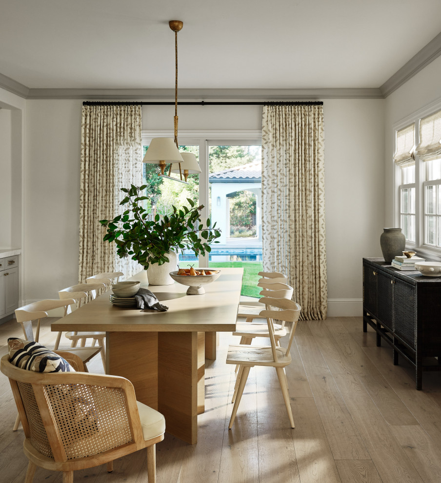 Photo of a transitional dining room in San Francisco with grey walls, light hardwood floors and beige floor.