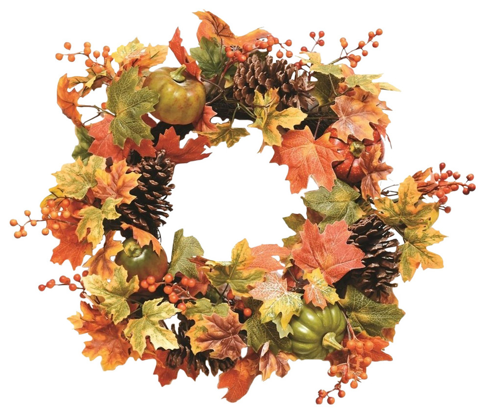 20" Autumn Harvest Fall Leaves Pumpkins and Berries Wreath