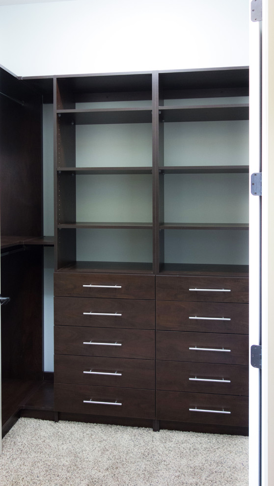 Inspiration for a mid-sized transitional gender-neutral walk-in wardrobe in Vancouver with flat-panel cabinets, dark wood cabinets and carpet.
