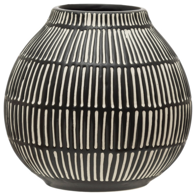 Debossed Stoneware Vase, Black/White