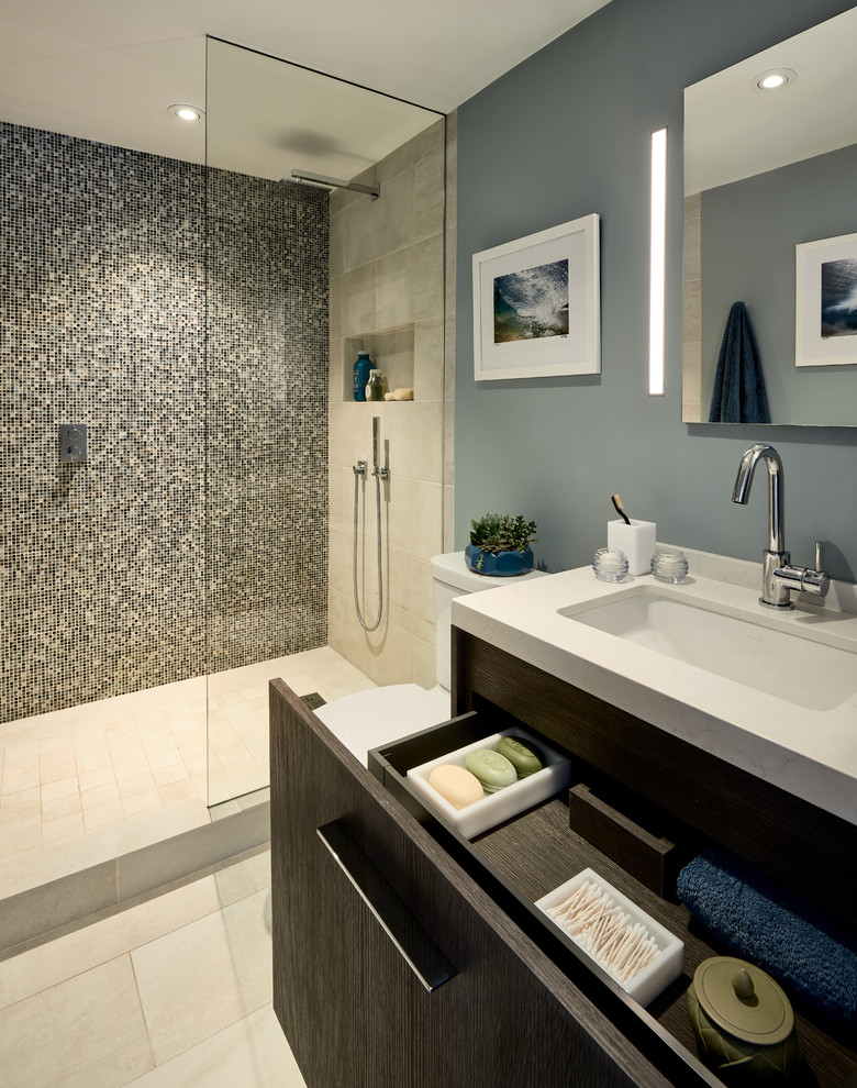 Small contemporary master bathroom in San Francisco with flat-panel cabinets, distressed cabinets, an open shower, a one-piece toilet, multi-coloured tile, glass tile, blue walls, porcelain floors, an undermount sink, quartzite benchtops, beige floor and an open shower.