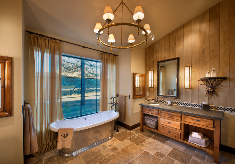 Inspiration for a mid-sized country 3/4 bathroom in Sacramento with a freestanding tub, an undermount sink, open cabinets, medium wood cabinets, beige walls, porcelain floors, engineered quartz benchtops and beige floor.