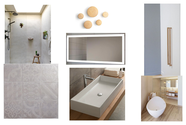 Cette photo montre une petite salle de bain tendance avec un mur beige et parquet clair.
