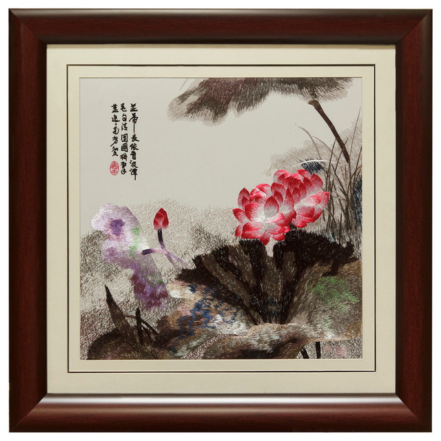 Chinese Silk Embroidery of Pink Lotus and Poetry