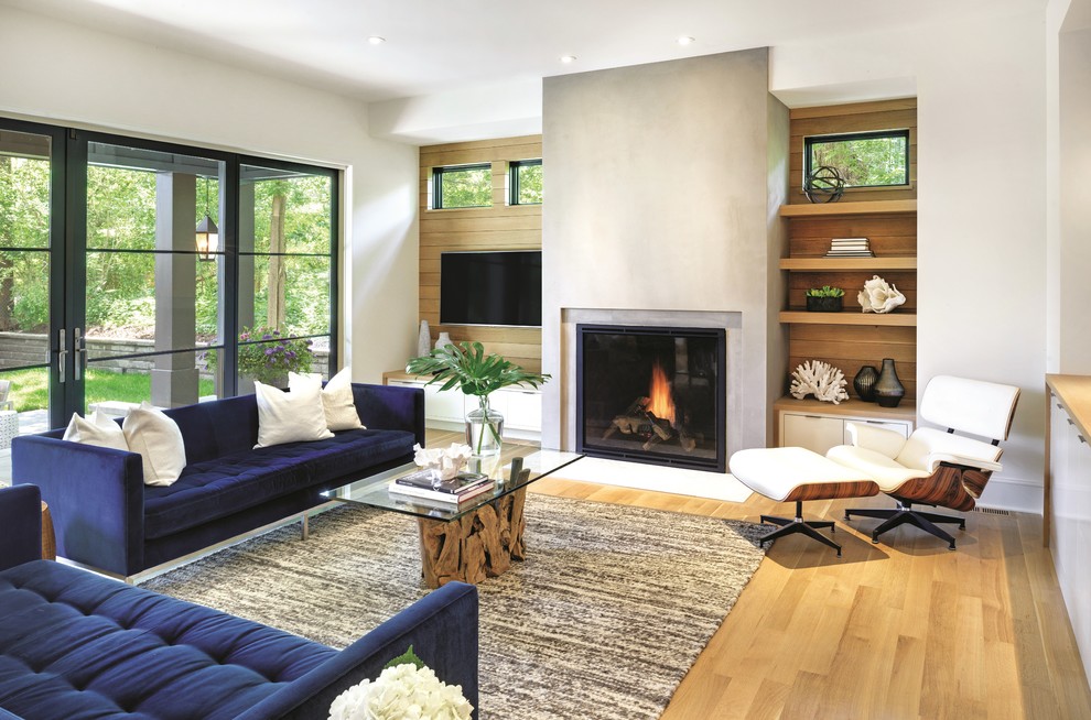 Contemporary living room in Minneapolis with white walls, medium hardwood floors and a standard fireplace.