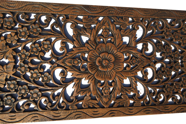 Large Floral Wood Carved Panel, Decorative Asian Wall Relief Panel ...
