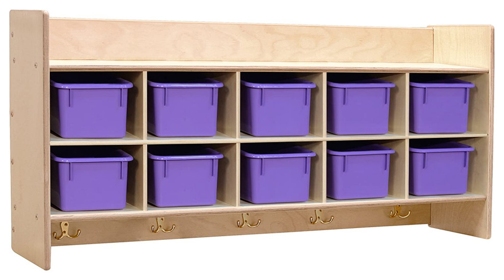 10 Section Wood Cubbies Storage, Purple Bins, Wall Hanging Organizers