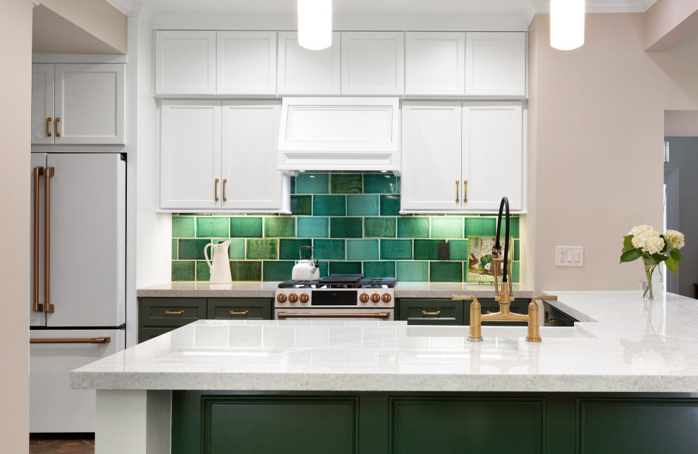 Inspiration for a small traditional l-shaped eat-in kitchen in Houston with a farmhouse sink, beaded inset cabinets, green cabinets, quartzite benchtops, green splashback, ceramic splashback, white appliances, with island and white benchtop.