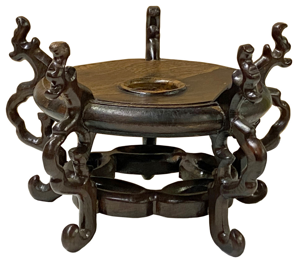 4.5" Oriental 5 Dragon Craw Brown Wood Round Table Top Stand Riser