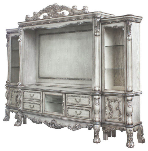 Scrolled Entertainment Center With Touch Light, Distressed White