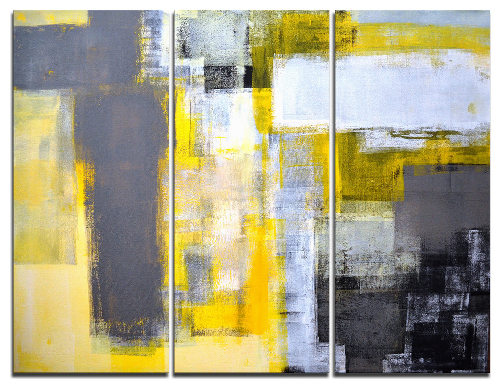 "Grey and Yellow Blur Abstract" Canvas Art Print, 3 Panels, 36"x28