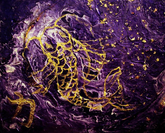 Abstract Koi Fish Painting, Purple and Goldleaf with Heavy Texture