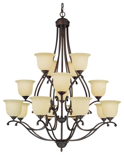 Courtney Lakes Rubbed Bronze Sixteen-Light Chandelier with Turinian Scavo Glass