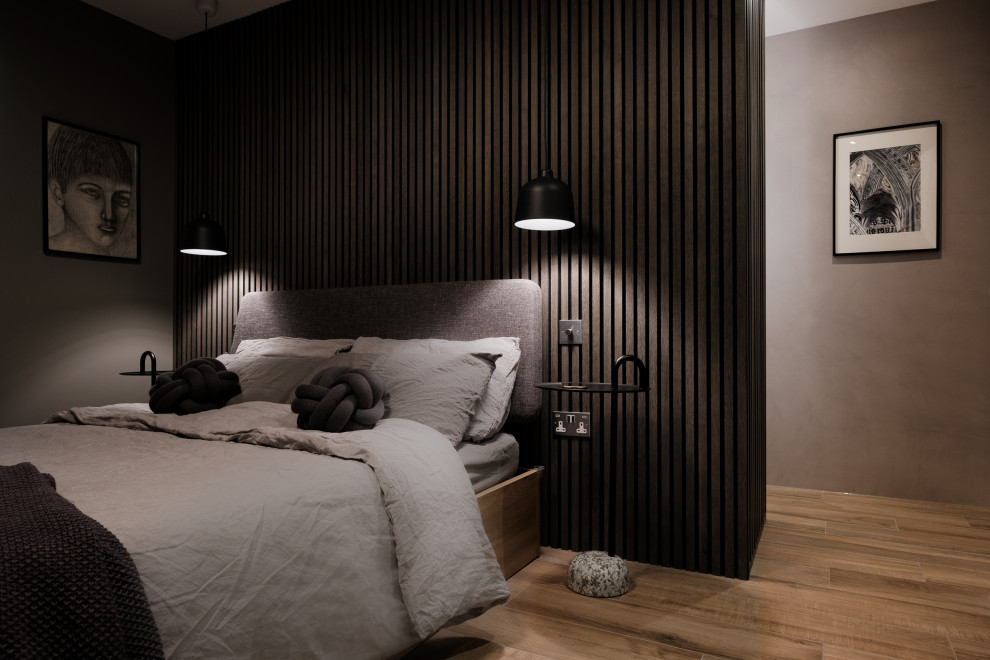 Design ideas for a medium sized scandi master bedroom in London with grey walls and porcelain flooring.