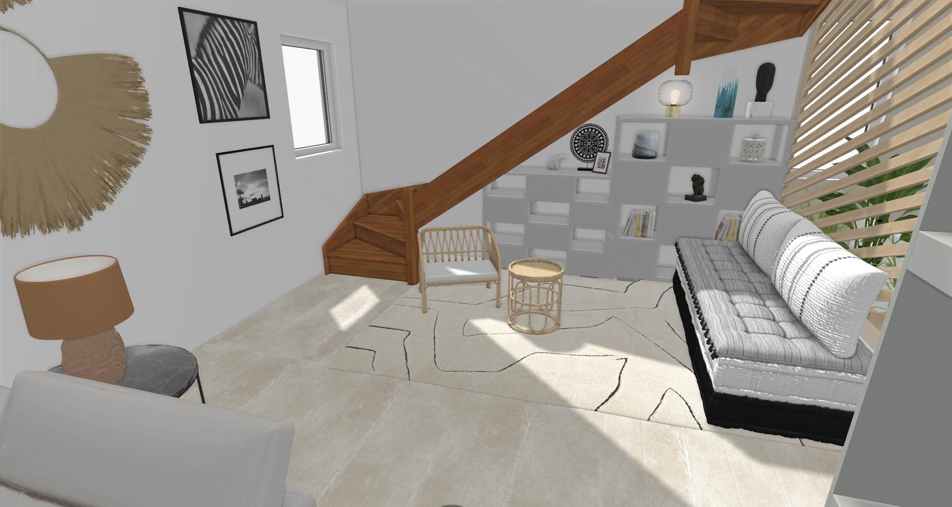 Vue 3D agencement de l'espace sous escalier