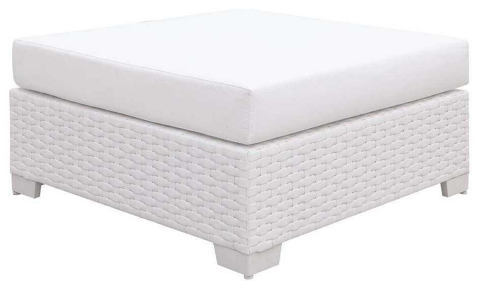 Benzara BM187196 Polyester & Aluminum Square Ottoman, Padded Seat Cushion, White