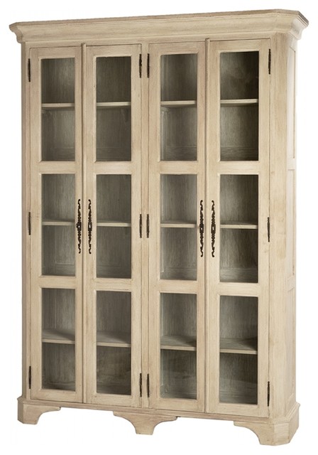 87 Tall Domenica Bookcase Solid Pine Wood Bleached Finish Glass Panel Doors