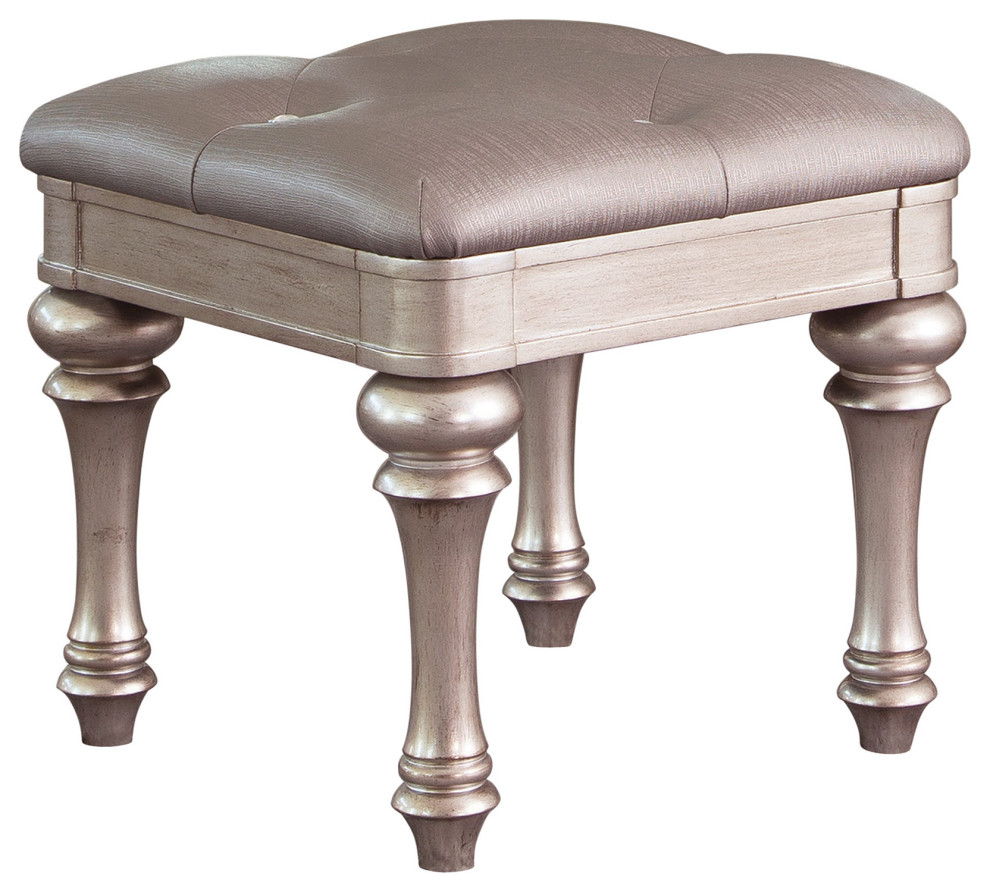 Fabric Vanity Stool with Arrow Bun Feet, Metallic Platinum